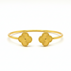 Golden Clover Bangle - 24K gold plated stainless steel open cuff bracelet with engraved clover design
