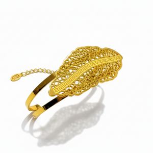 LEVA Bangle - 24K Gold Plated Stainless Steel Bracelet with Greek Meander Pattern and Filigree Leaf Design, Top View