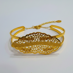 LEVA Bangle - Gold Plated Adjustable Bracelet with Intricate Openwork Details, Angled View