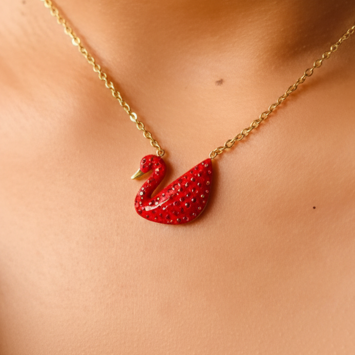 Close-up Red Swan Necklace on Model