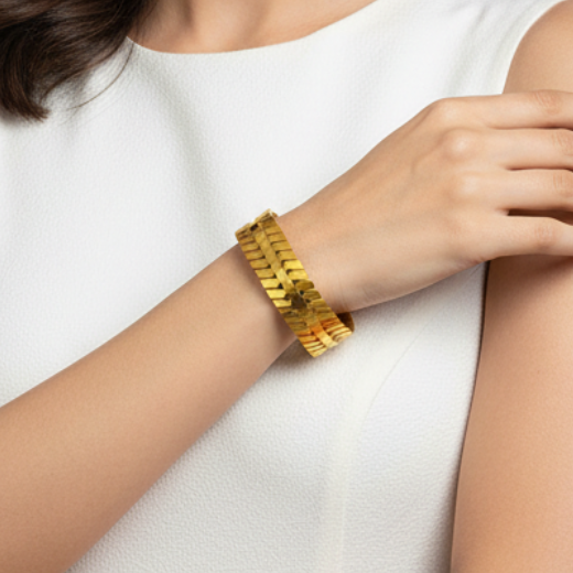Elegant Model Wearing Gold Chevron Bangle
