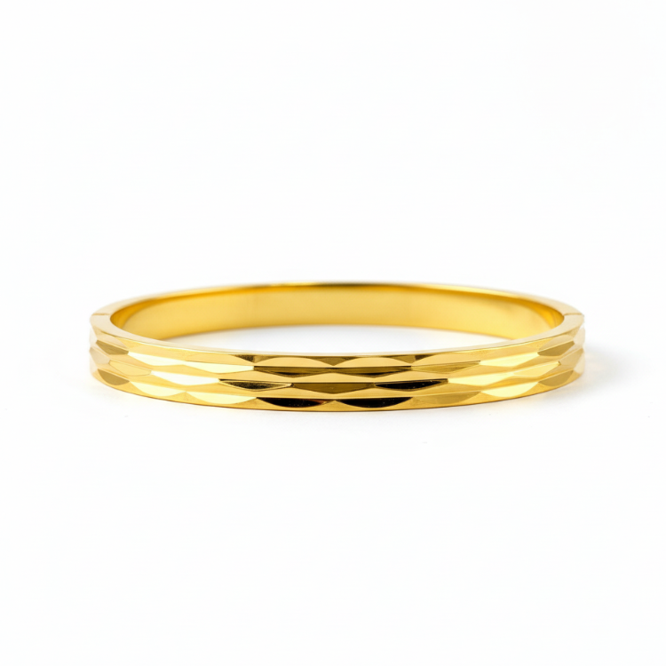 Classic Diamond-Cut Gold Bangle - Side View with Geometric Pattern