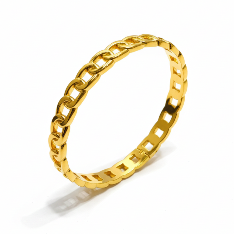 Golden Chain Bangle - Low side profile view showing sleek circular form and glossy gold finish
