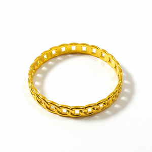Golden Chain Bangle - Angled view displaying interlocking chain pattern and high-polish finish