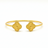 Golden Clover Bangle - 24K gold plated stainless steel open cuff bracelet with engraved clover design