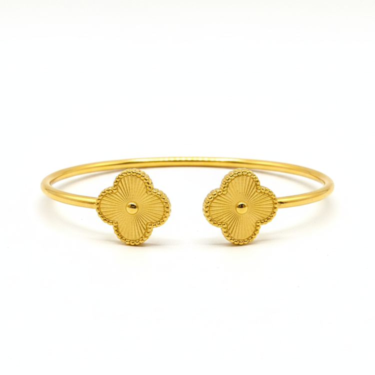 Golden Clover Bangle - 24K gold plated stainless steel open cuff bracelet with engraved clover design