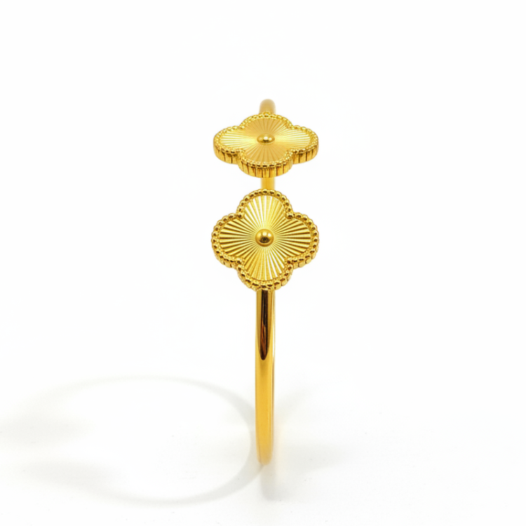 Golden Clover Bangle side profile showing thickness and detailed engraved pattern on 24K gold plated surface