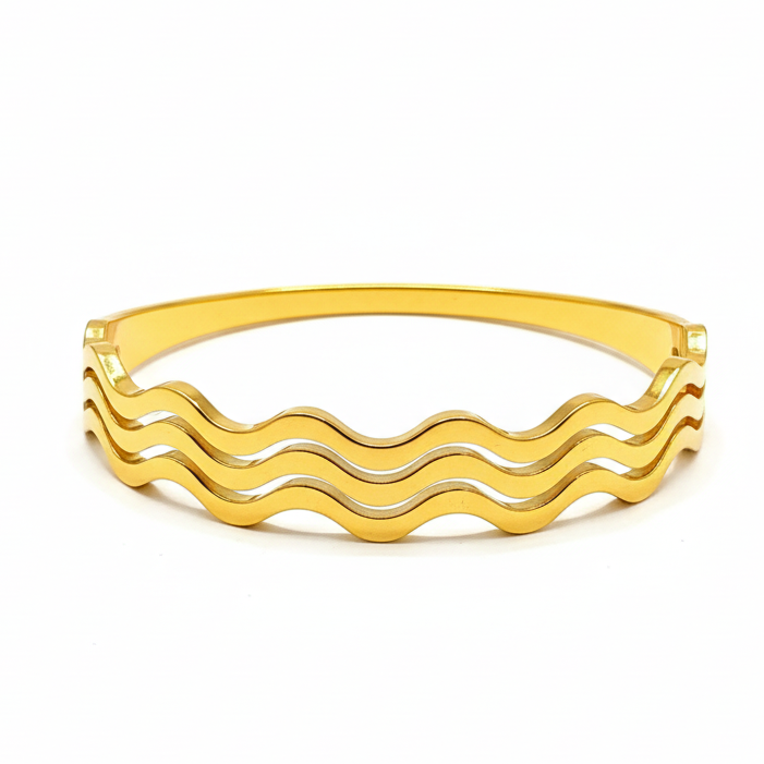 Golden Wave Bangle - 24K gold-plated stainless steel bangle with three-dimensional wavy design