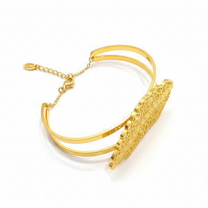 LEVA Bangle - 24K Gold Plated Stainless Steel Bracelet with Greek Meander Pattern and Filigree Leaf Design, Top View