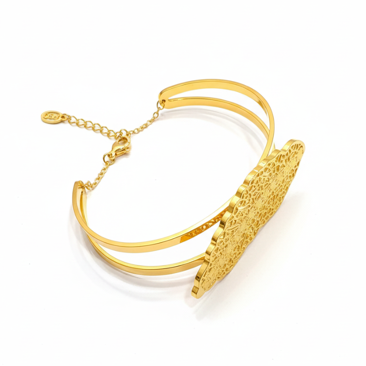 LEVA Bangle - 24K Gold Plated Stainless Steel Bracelet with Greek Meander Pattern and Filigree Leaf Design, Top View