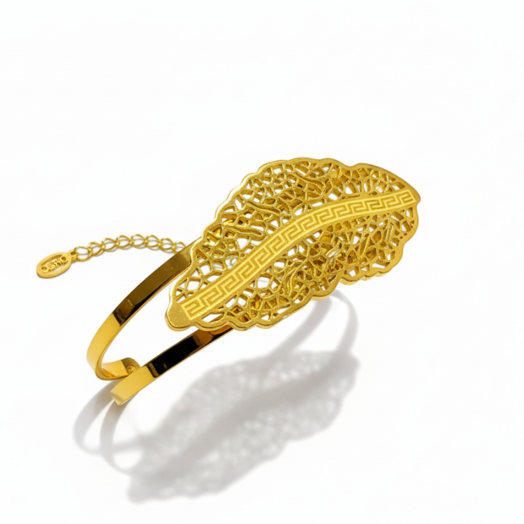 LEVA Bangle - 24K Gold Plated Stainless Steel Bracelet with Greek Meander Pattern and Filigree Leaf Design, Top View