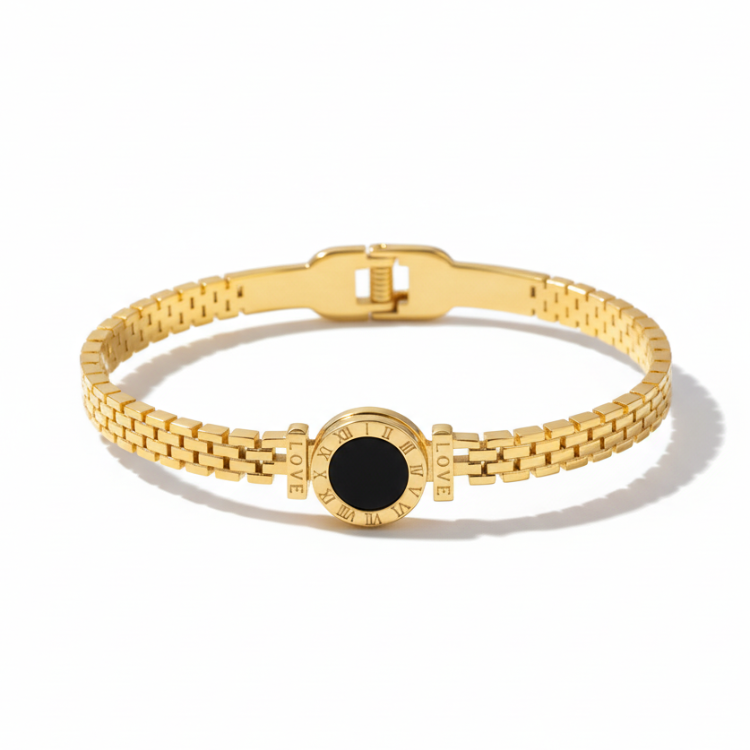  Love Classy Bracelet - 24K Gold Plated with Roman Numerals and Black Center Stone
