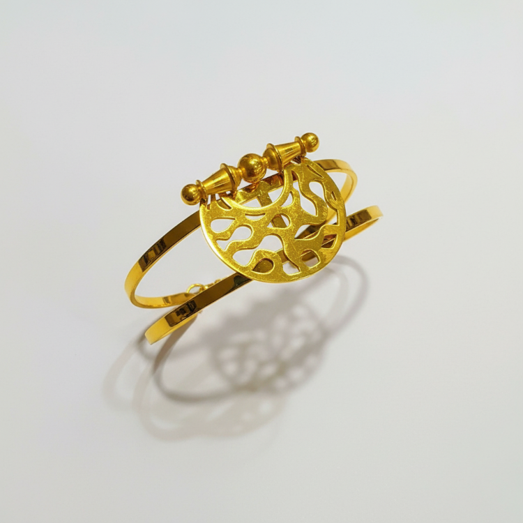 Heritage Dome Bracelet front view - 24K gold plated bangle with circular medallion and delicate chain accent, centered composition
